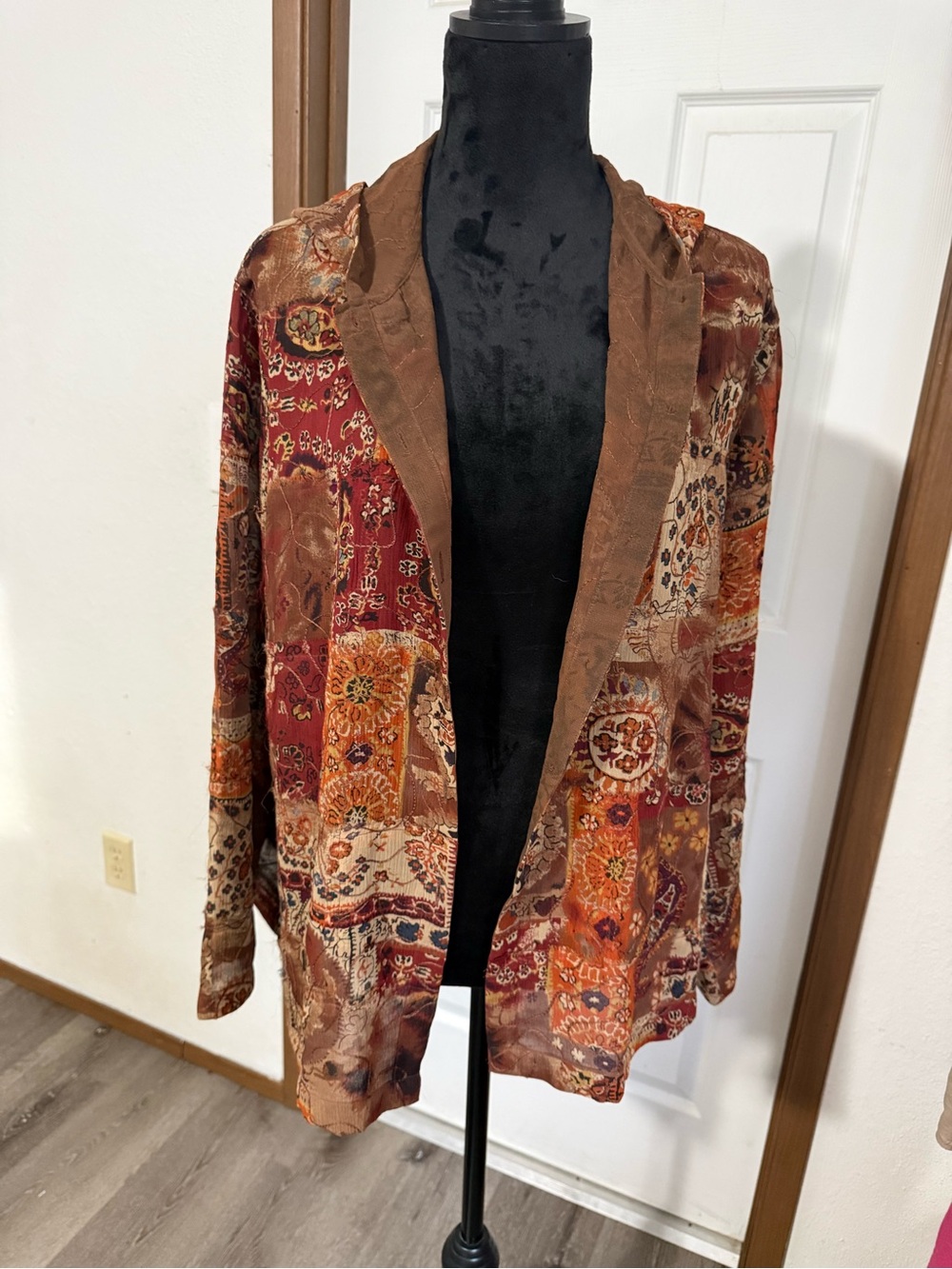 Chico’s Design Size 3 Silk Hooded Patchwork Boho Jacket Wearable Art M/L - Picture 2 of 10